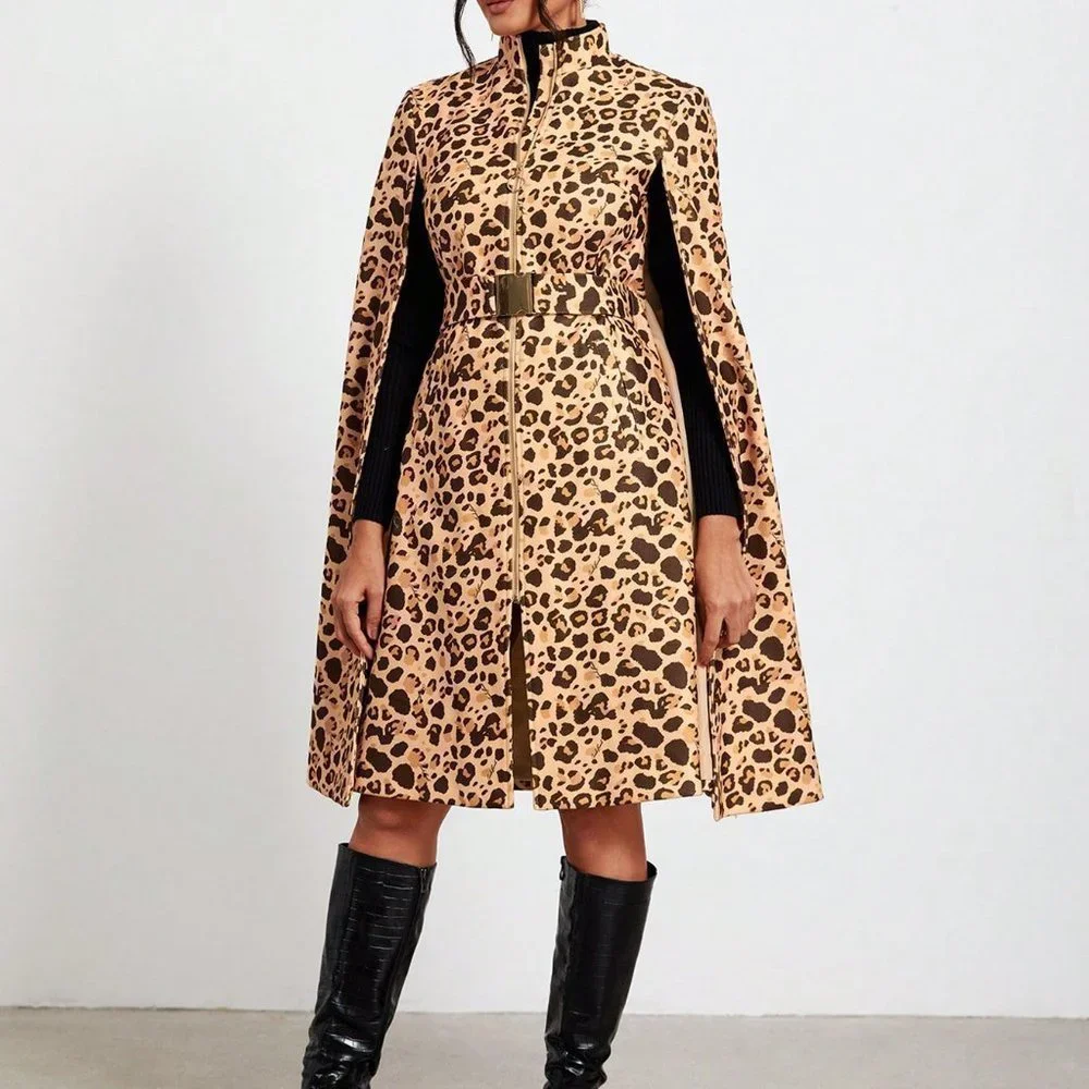 Multicolor Preppy Womens Leopard Print Cloak Sleeve Open Front Cape Coat - Picture 5 of 5